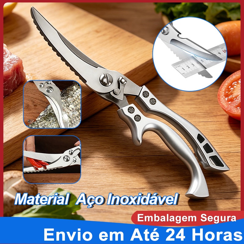Tesoura de Cozinha Multiuso Forte - Corta Osso de Frango e Peixe, Carnes, Legumes, Aço Inoxidável Profissional