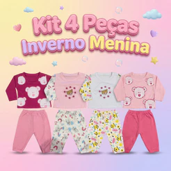 Kit 4 Peças Conjunto Inverno Bebe Menina Infantil Estampas Divertidas Manga Longa Calça Algodão