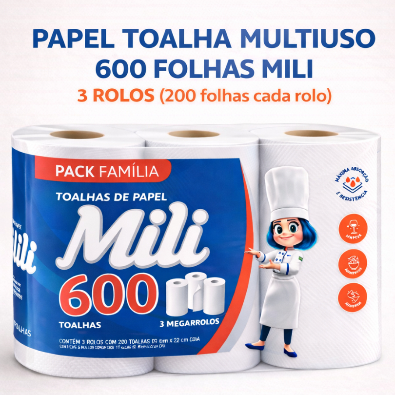 Papel Toalha Multiuso Com 600 Folhas Super Absorvente Mili