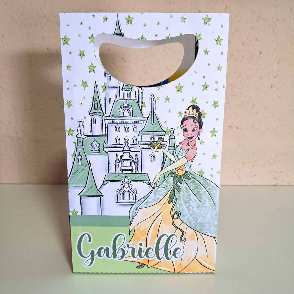 Sacolinhas Personalizadas PEGUE E MONTE tema PRINCEDA TIANA ~PRINCESAS DISNEY modelo VERTICAL ~ lembrancinhas ~ mimos