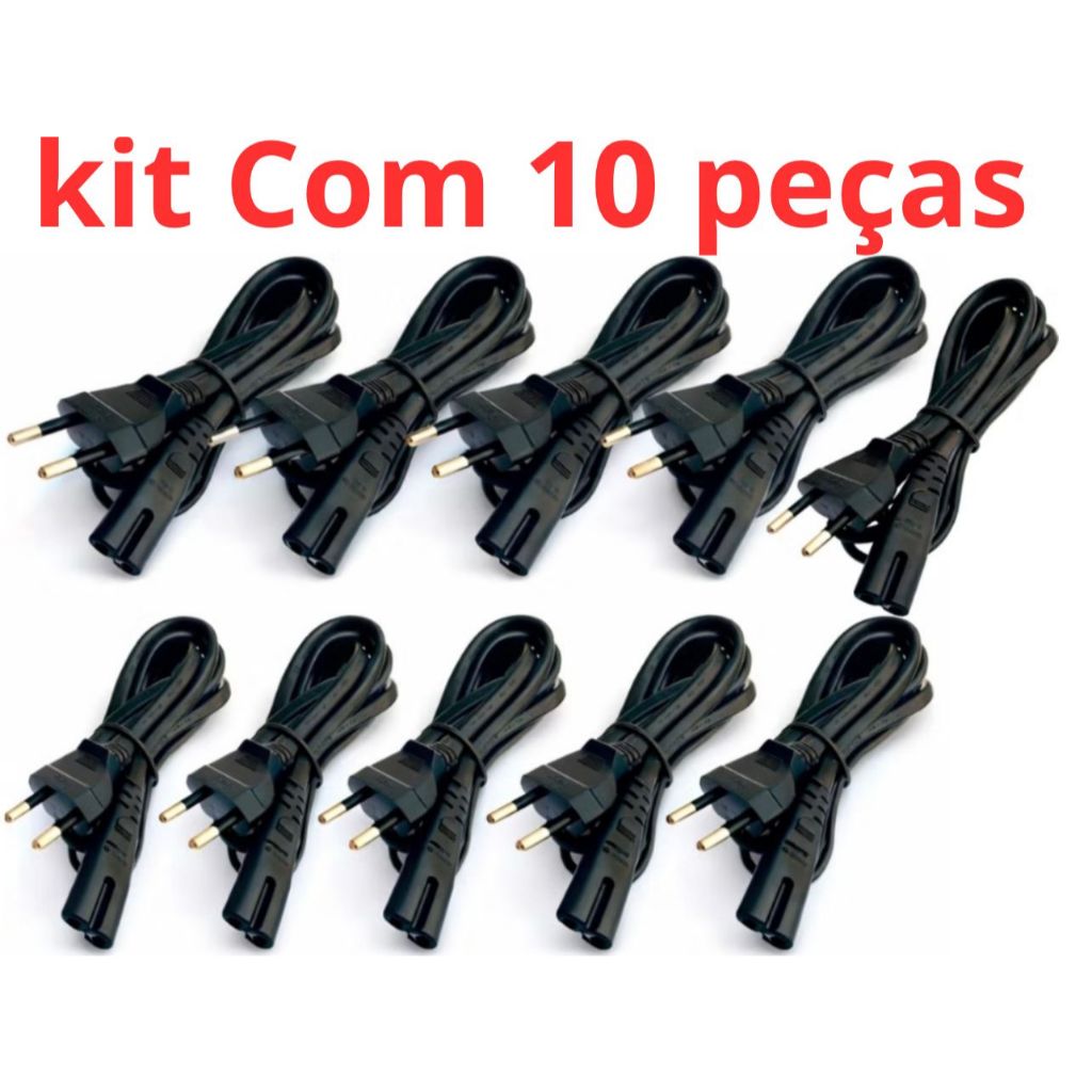 Kit c/ 10un Cabo de força Bipolar Padrão (8) para Rádio, TV, Vídeo Game, PS2