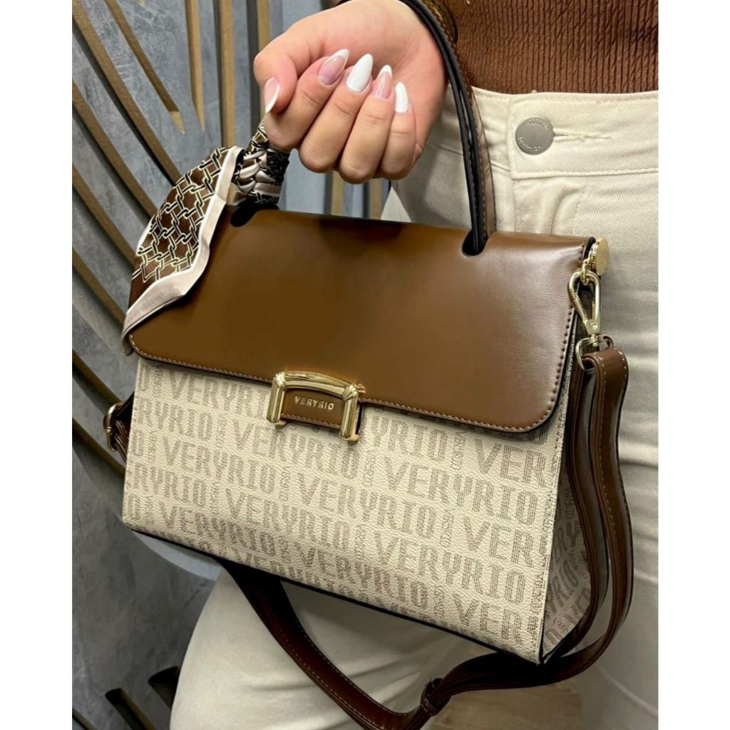 Bolsa Feminina Veryrio Holograma Média Carteiro Estampado Luxuosa Couro Com Lenço Alça de Mão e Transversal