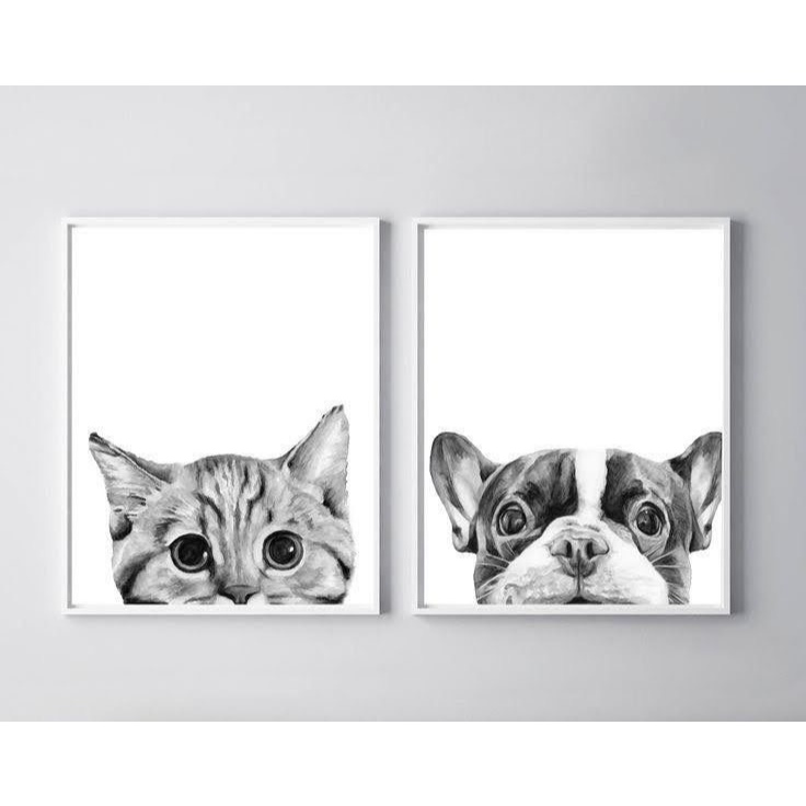 Quadros Decorativos Pets Gato e Cachorro Bulldog Francês Minimalista (2 peças)