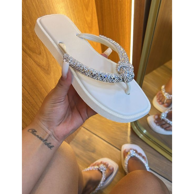 Chinelo Sandalia Rasteira Brilhante Nó Brilho Strass Leve Macia