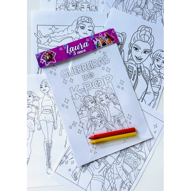 KIT  COLORIR +GIZ GUERREIRAS DO K-POP LEMBRANCINHA PERSONALIZADA/ANIVERSÁRIO/FESTA INFANTIL/PERSONALIZADOS