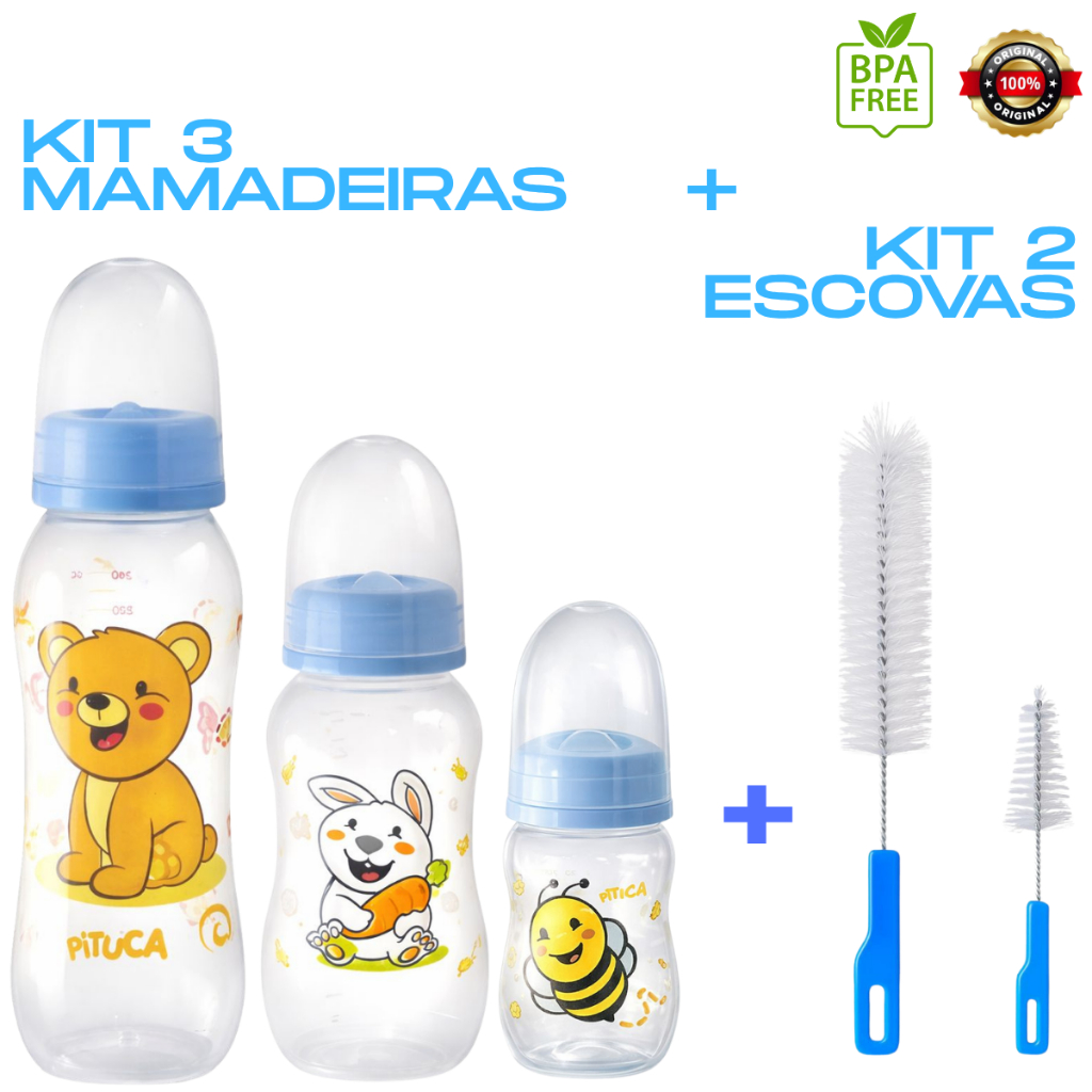 Kit 3 Mamadeiras Para Bebê + 2 Escovas de Lavar Mamadeiras