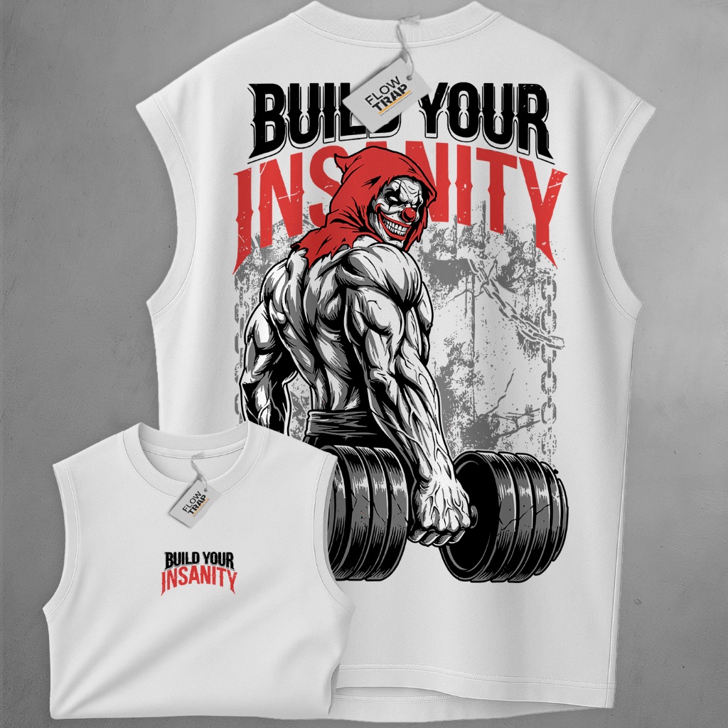 Regata Oversized Academia Masculina FLOW TRAP Build Your Insanity Estampa Fitness Bodybuilder Streetwear