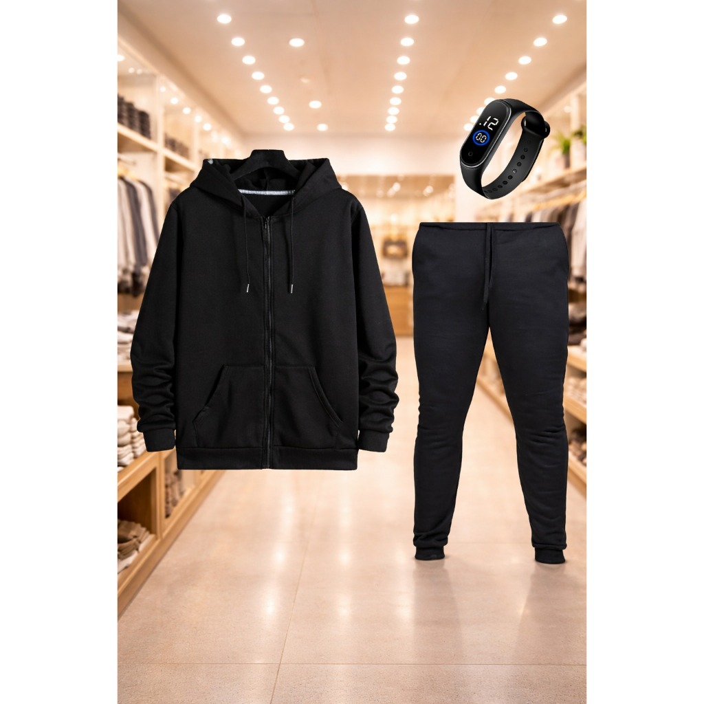 Kit Conjunto Moletom Algodão Bolso Capuz Jaqueta Ziper e Calça Jogger e Relogio Feminino Masculino