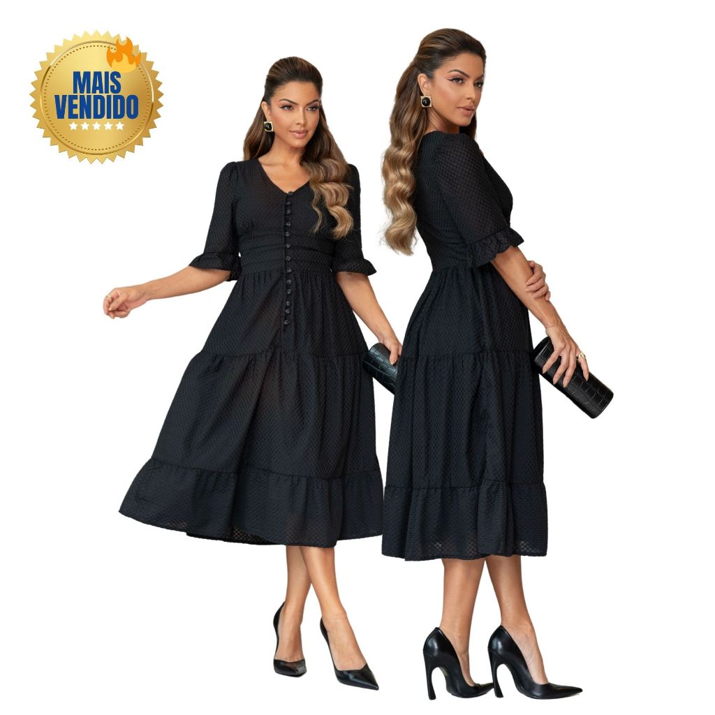 Vestido Midi Feminino Elegante Laise Forrado Não Transparente Botões Impecável Casamento Moda Evangélica Festa — imagem 2 de 2