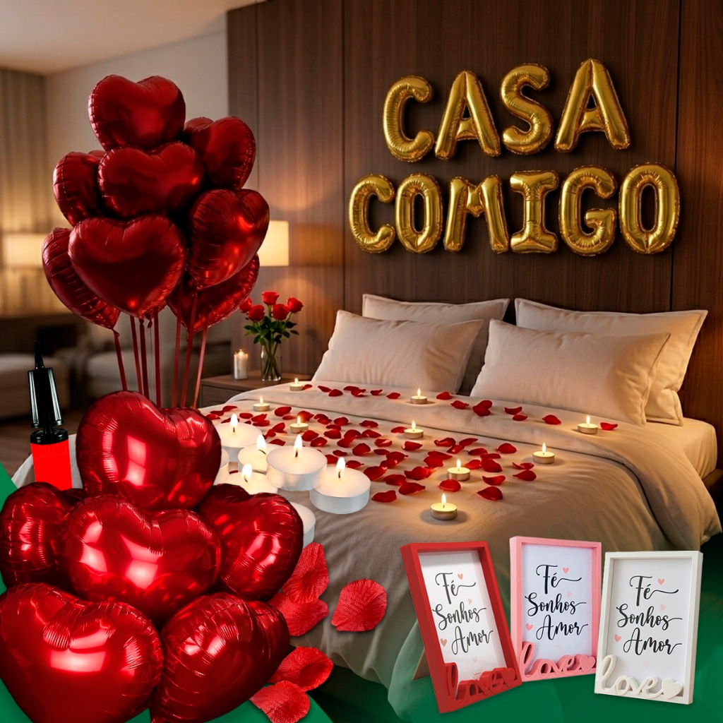 Kit Pedido de Casamento 500 Pétalas 10 Balões 20 Velas + Frase Casa Comigo