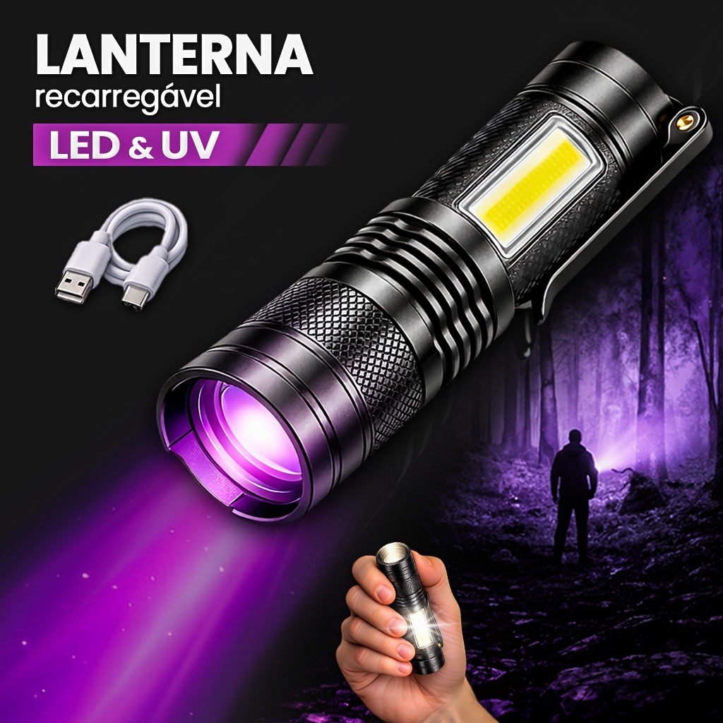 Lanterna Tática 2 em 1 LED e UV Ultravioleta com Zoom Ajustável Recarregável USB-C