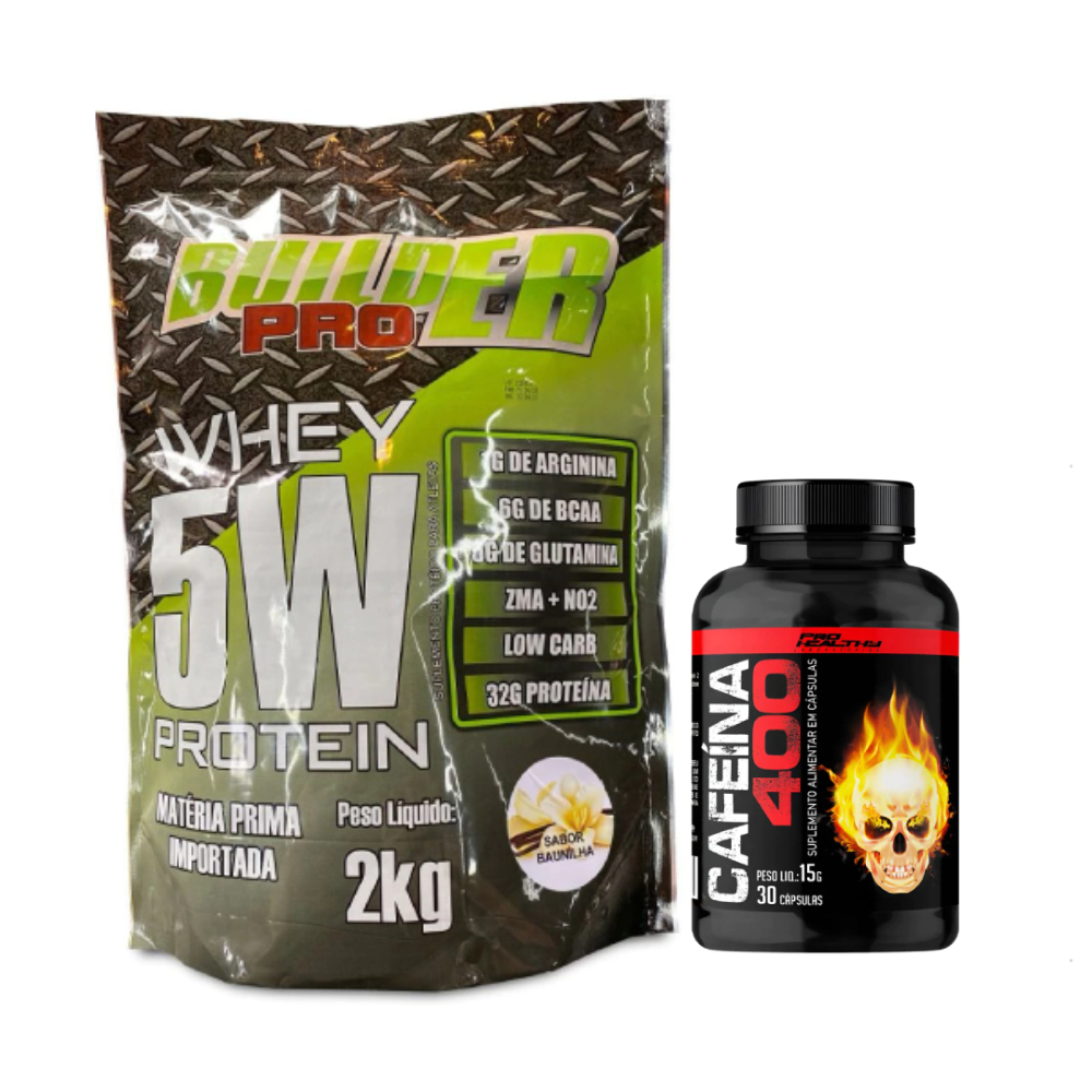 Cafeína 400mg 30 Cápsulas Pro Healthy + Whey Protein 5W - 2KG - Builder Pro