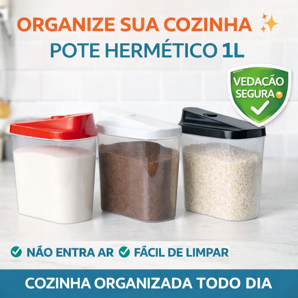 Pote Hermético 1L Porta Mantimentos Cozinha Açúcar Café Farinha Plástico Resistente Tampa Vedada