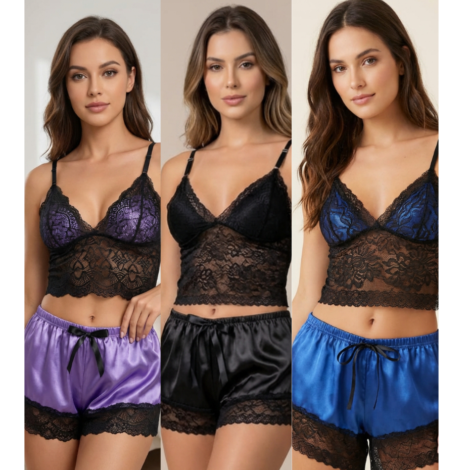 Kit 03 Peças Tamanho GG Baby Doll Feminino Cetim  Renda Preta Conjunto Pijama Short e Blusa Renda Sensual l Noite Dormir