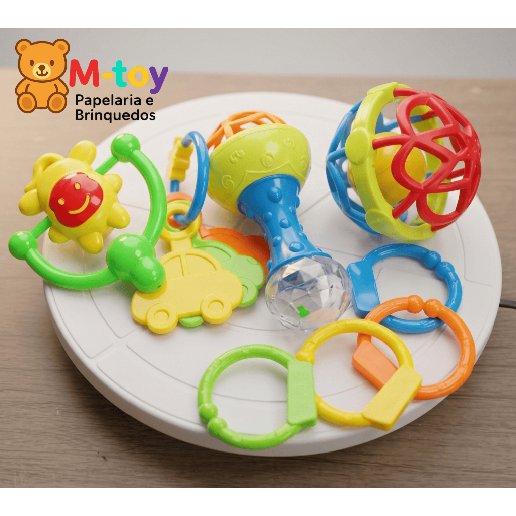 Kit Mordedor Bebê Colorido Sensorial Chocalho Educativo Infantil +0M Seguro BPA Free