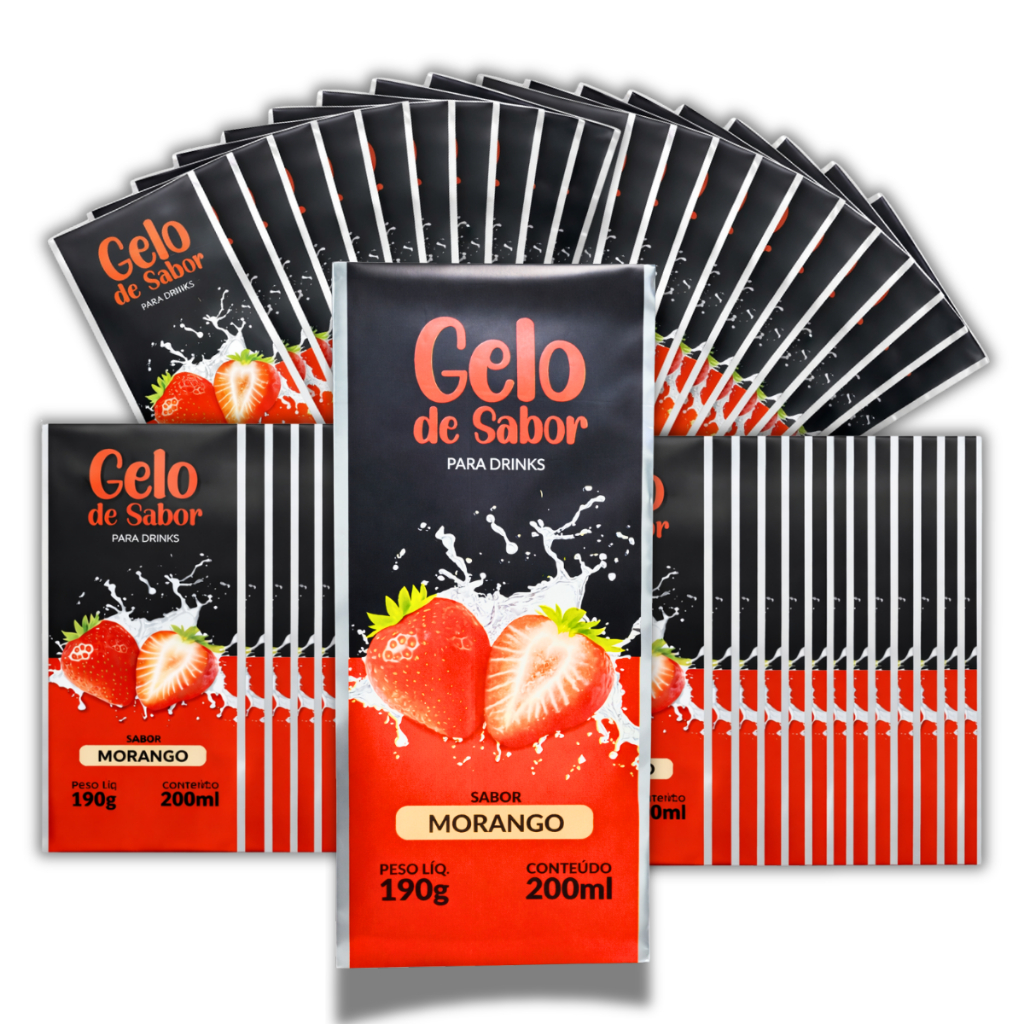 Embalagem para Gelo Sabor Morango 500 Unidades Gelo Saborizado BOPP Metalizado 200ml