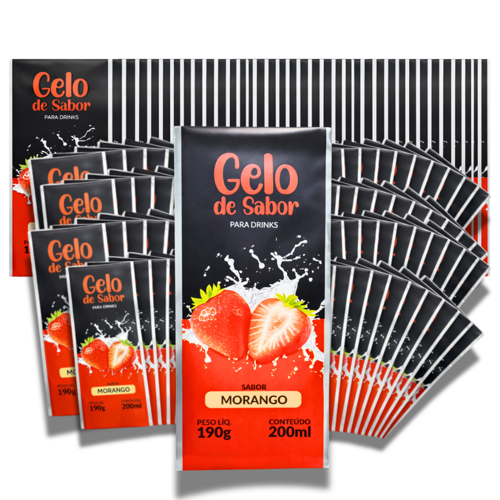Embalagem para Gelo Sabor Morango 1000 Unidades Gelo Saborizado BOPP Metalizado 200ml