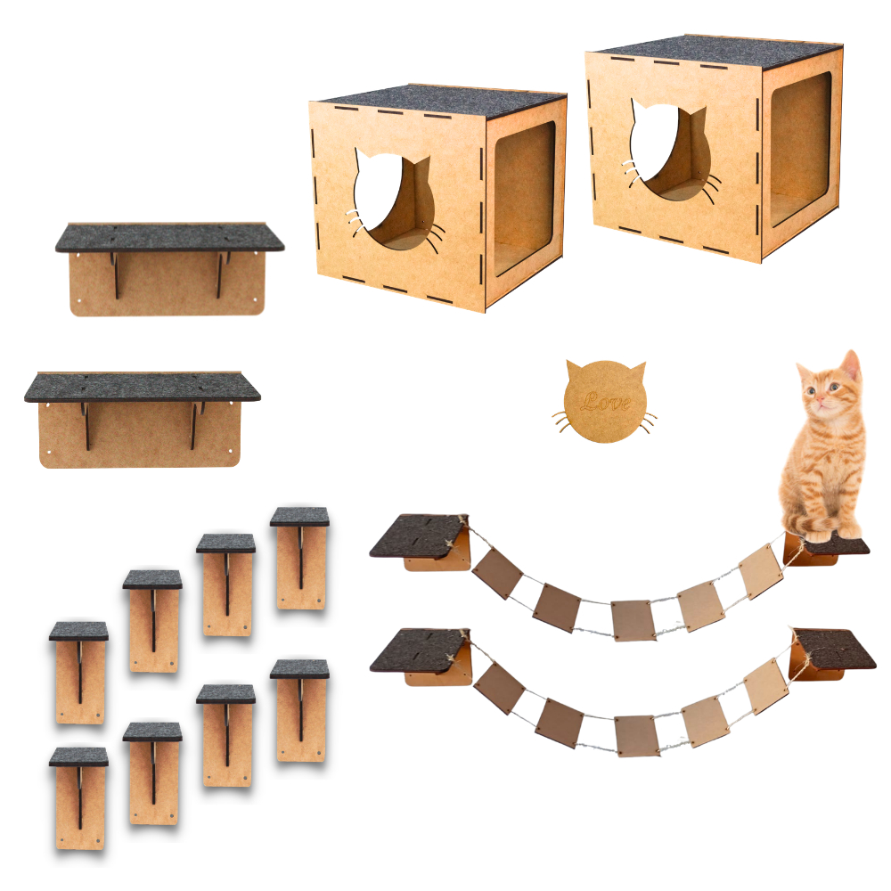 Playground para Gatos Circuito de Gato com 2 Nichos 2 Ponte Prateleiras Degraus Brinquedo para Gato