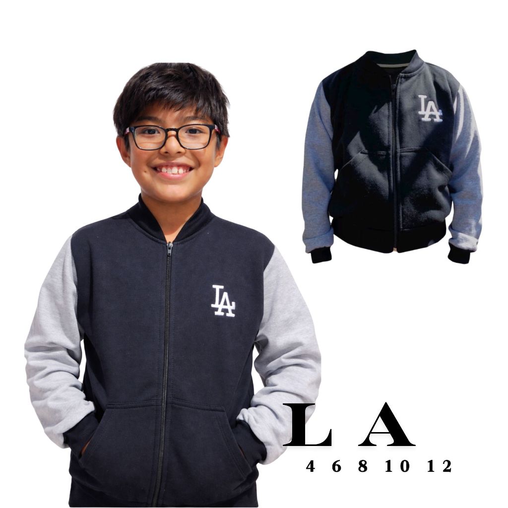 Jaqueta Infantil Masculina Bomber  Preta y azul marino com Manga Cinza y bordado na frente  LA  y  NY Casual Confortável