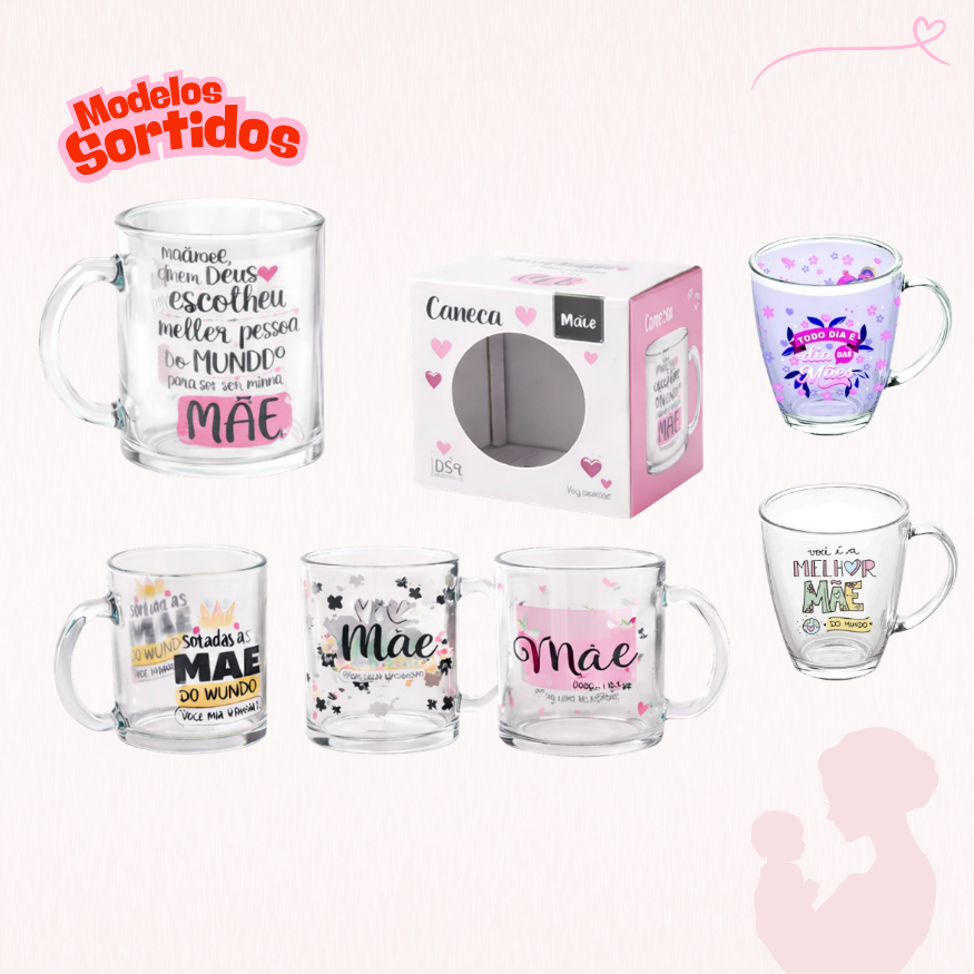 KIT 10 CANECA DIA DAS MÃES DE VIDRO ESTAMPAS SORTIDAS em Oferta na Shopee