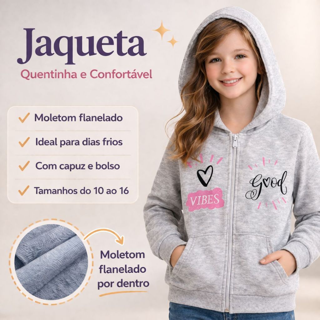 Casaco Agasalho Blusa de Frio Jaqueta Feminina Juvenil Moletom Peluciado com Capuz com Bolso Ziper e Estampa 3181-A