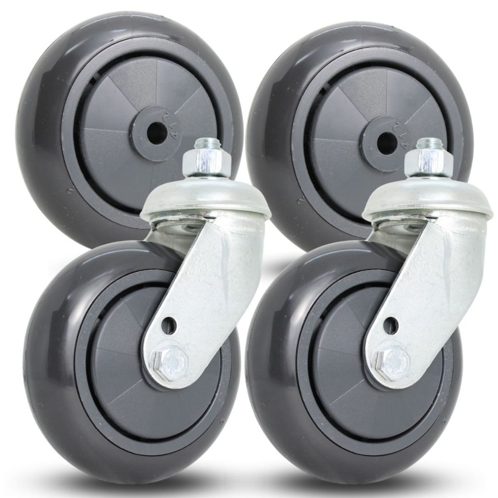 Kit 4 Rodas 412 4” com 2 Rodízios Giratórios Espiga 412 – Roda PVC com Rolamento de Esfera