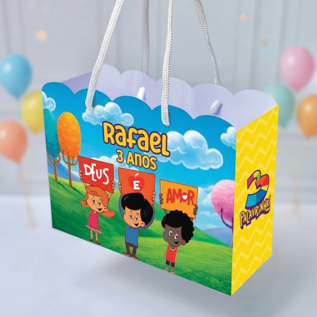 Sacola Personalizada 3 Palavrinhas | Sacolinha | Kit com Alça e Pegue e Monte | Lembrancinha Festa Infantil