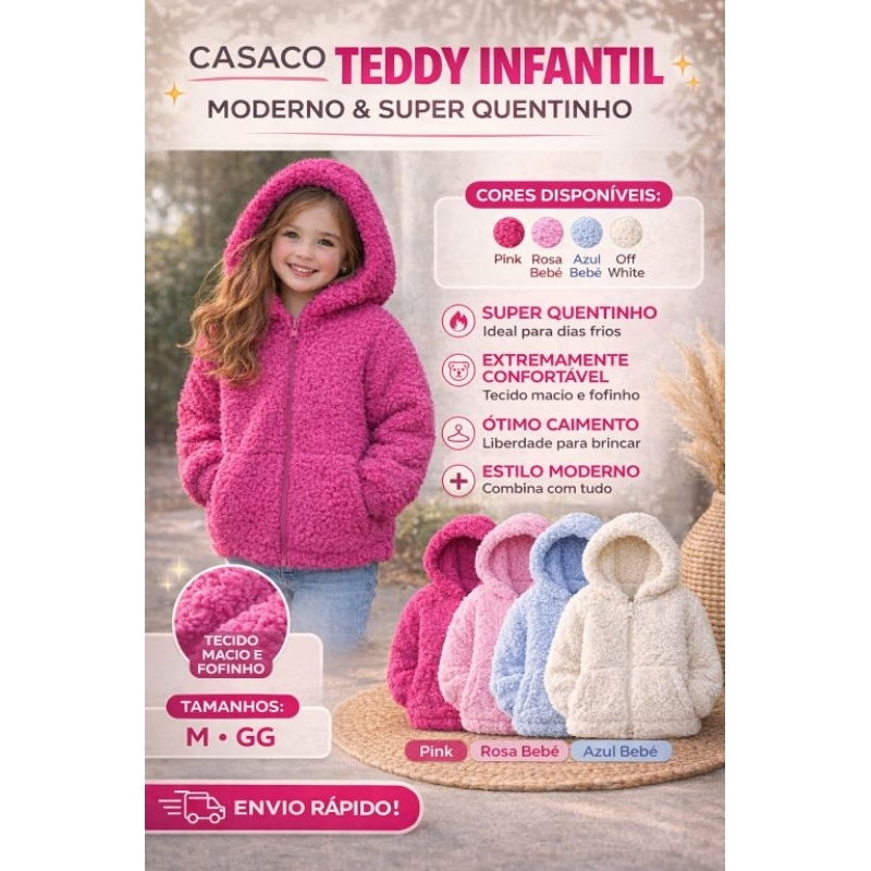 Casaco Teddy Infantil Off White, rosa, pink,chiclete um