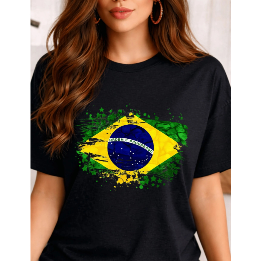 Camiseta Camiseta Brasil Bandeira Copa do Mundo Blusinhas Feminina Verão Basico T-shirt 100% Algodão