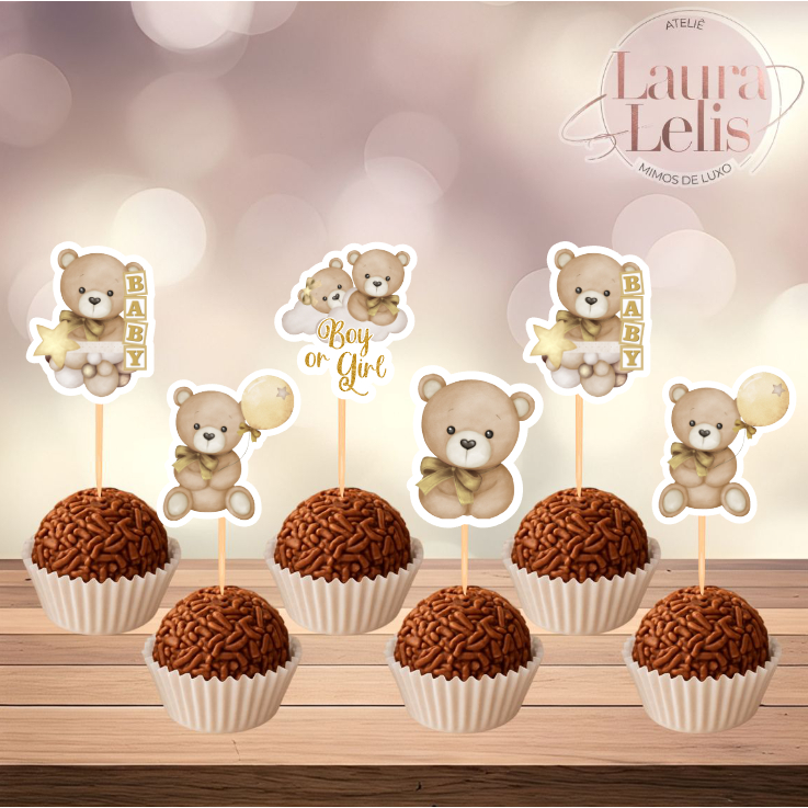 30 Toppers/Tags Personalizado Doces – Chá Revelação Ursinho Bege – Festa Infantil e Lembrancinha