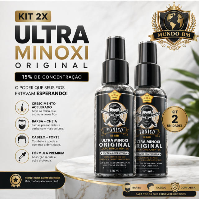 Kit 2 Ultra Minoxi 15% Preenchedor de Barba Cabelo Calvície Crescimento Rápido Original Atacado 120m