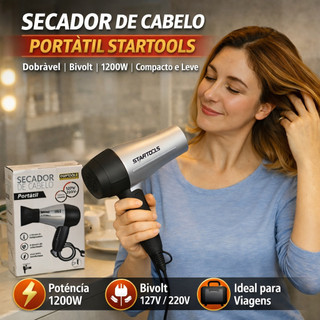 Secador De Cabelo Portátil Dobrável Bivolt 127V/220V 1200W Compacto Viagem e Uso Diário Cinza