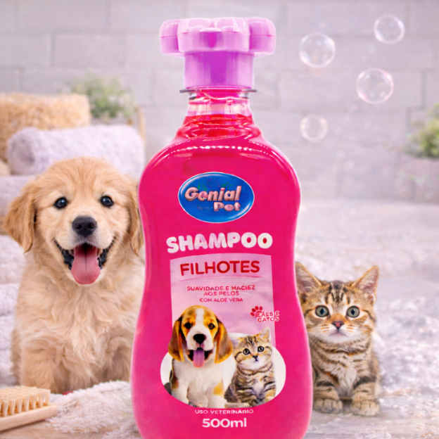 Shampoo Para Pets Filhotes Genial Pet 500 mL Cães E Gatos Com Aloe Vera