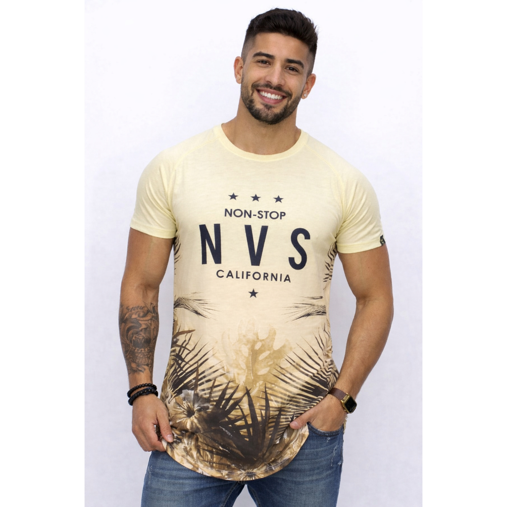 Camiseta Masculina NVS California Premium – Estilo Exclusivo Longline Tropical Streetwear
