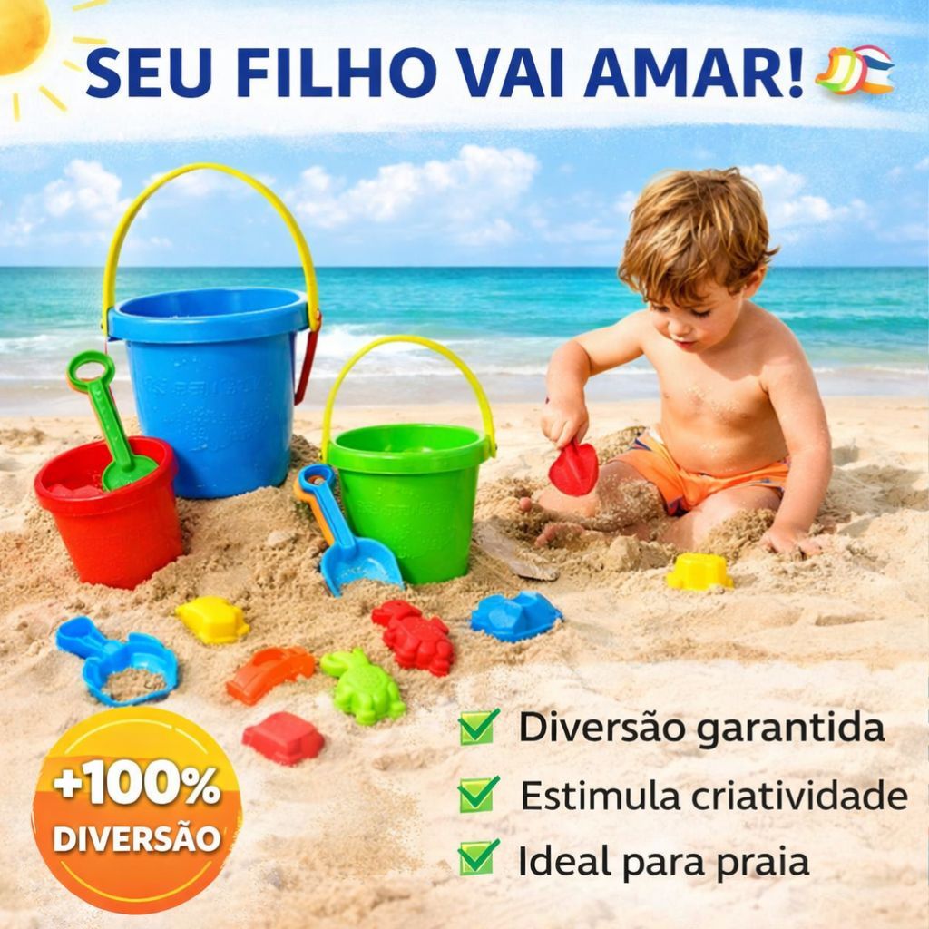 Baldinho de Praia Infantil Kit Areia Pá Forminha Brinquedo Educativo Criança Menino Menina