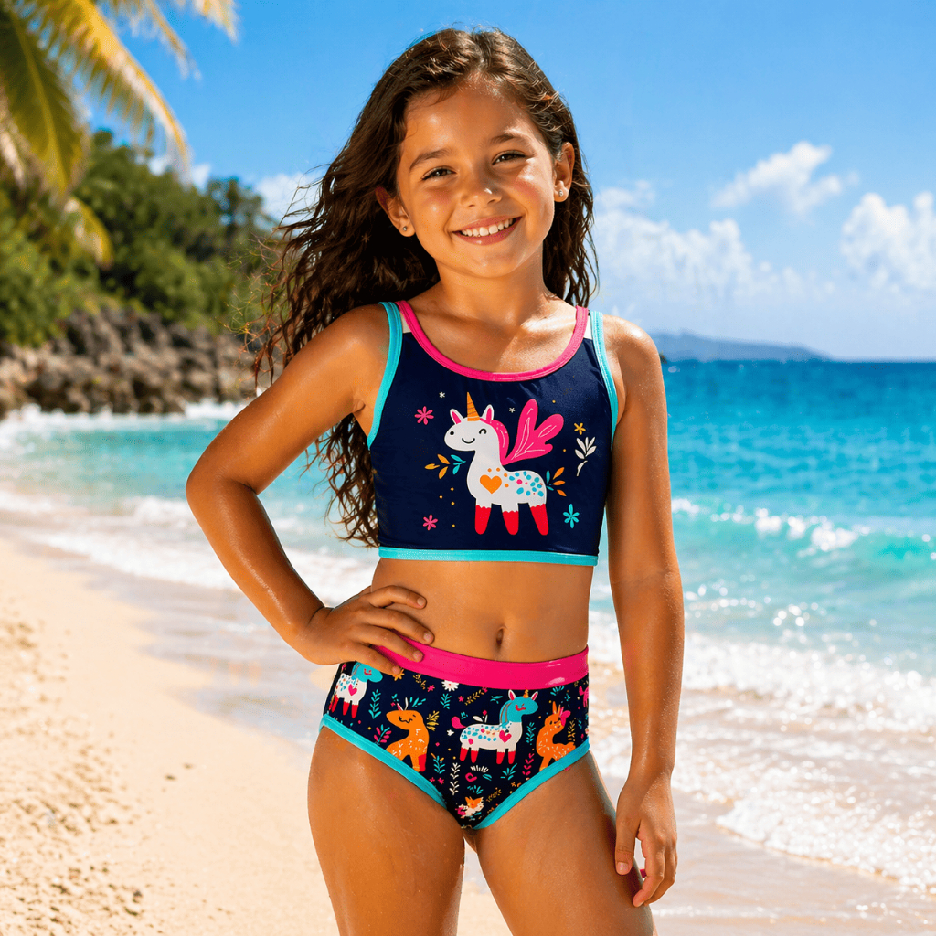 Conjunto Praia Infantil Feminino Menina Biquíni Unicornio Colorido Moda Praia Verão Tamanho 2 a 10 Anos