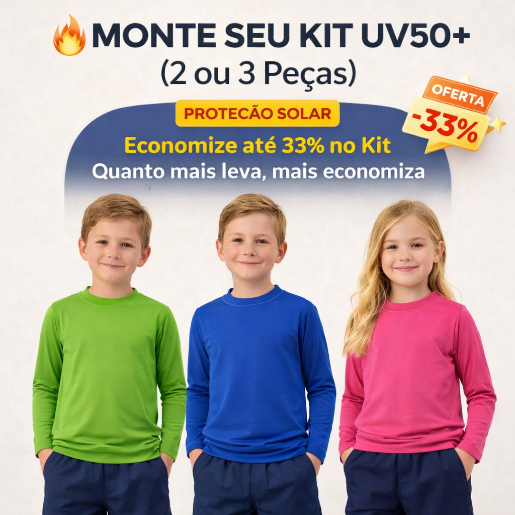 Kit Camiseta UV Infantil Proteção UV50+ Solar Praia Piscina