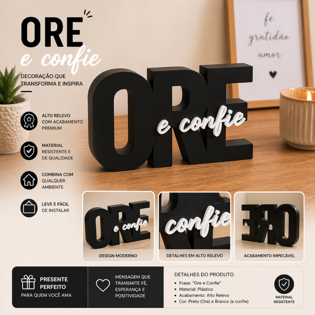 Placa Decorativa Ore e Confie Alto Relevo | Quadro Religioso Moderno Plástico Decoração Cristã