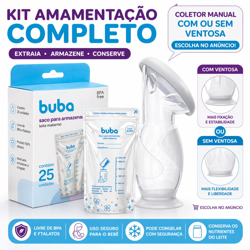 Kit Saco Para Armazenar e Congelar Leite Materno + Coletor Leite Materno Manual Buba