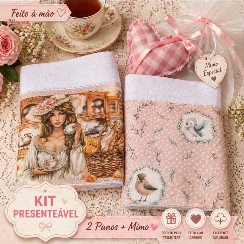 Kit 2 Panos de Prato Decorado Shabby Chic + Brinde | Presente Criativo Barato Cozinha Delicada vitoriana. camponesa.