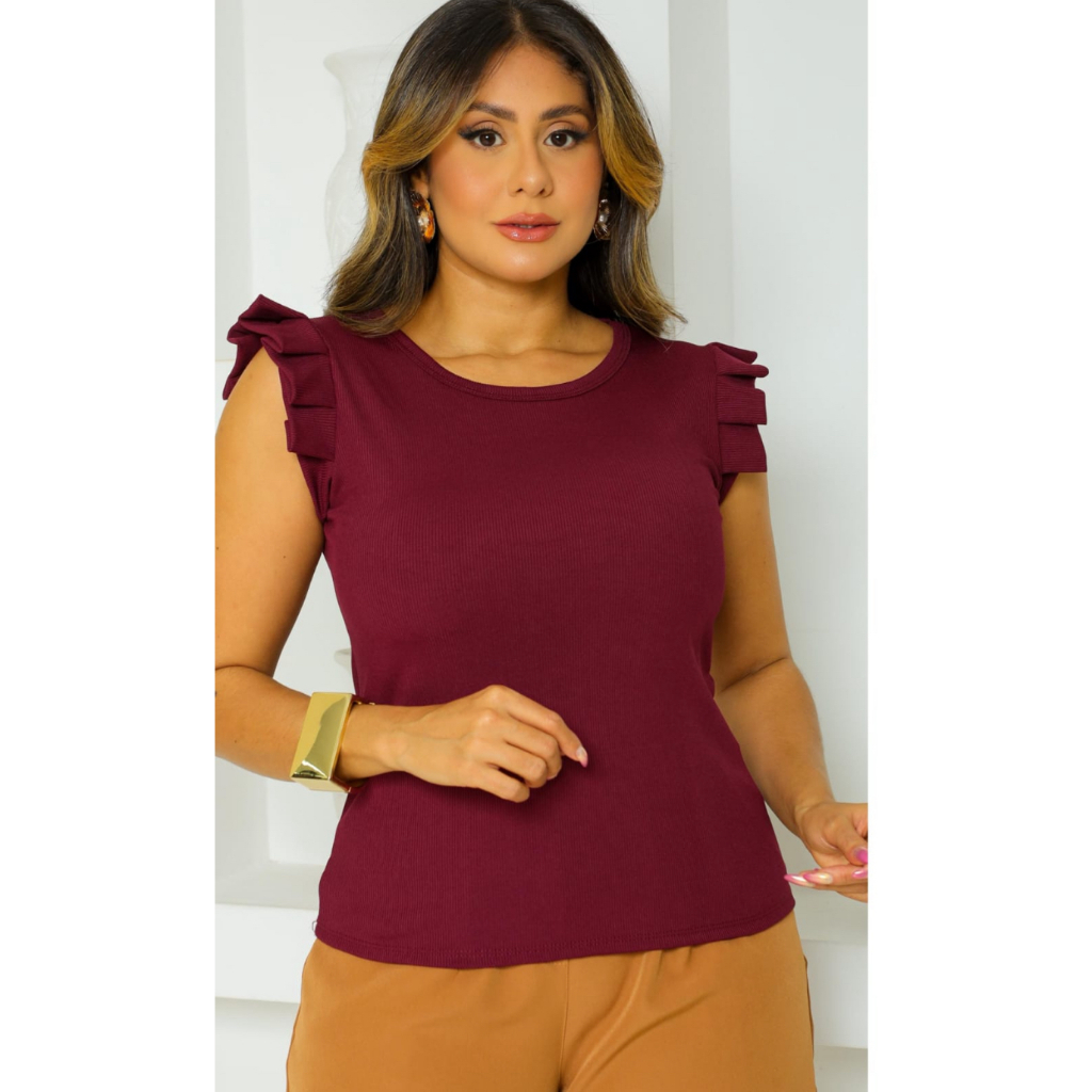 Blusa Feminina Canelado Manga Redondo Babados Blogueira Tendencia Moda Super Envio ! !