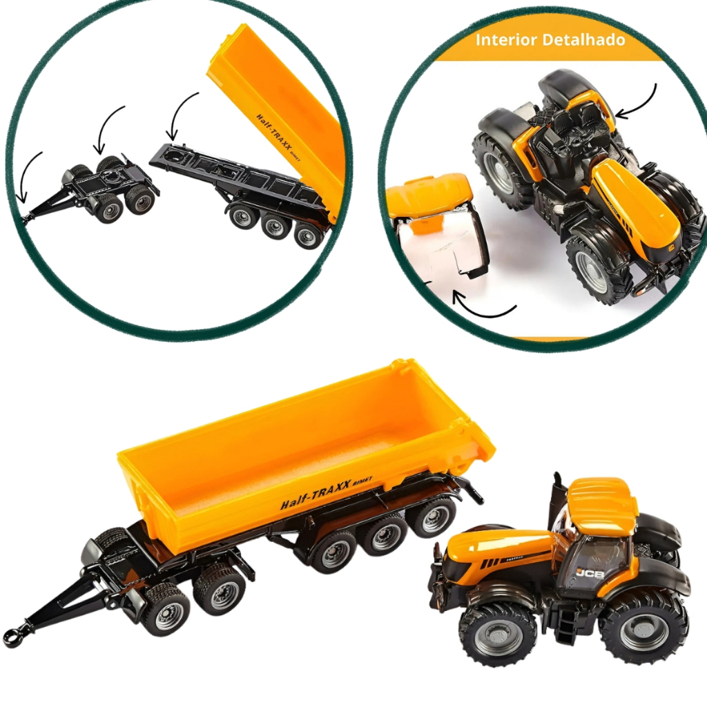 Miniatura Trator JCB com Reboque Basculante Siku 1/87 Original Metal Diecast Agrícola Escala 1:87 Fazenda Colecionável