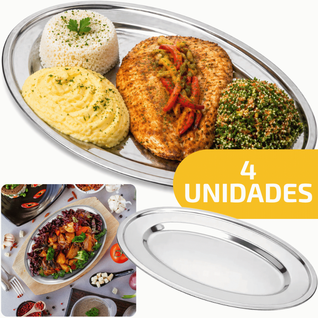 4 Travessas Oval Inox 40 Cm Bandeja Porções Grande Peixe Batata Aço Inox Restaurante Prato Comercial