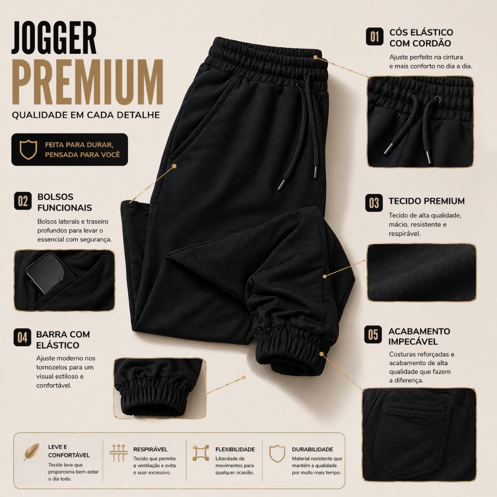 Detalhes do Calça Jogger Masculina Estilo Premium Urbano Conforto Bolso Traseiro P Ao GG