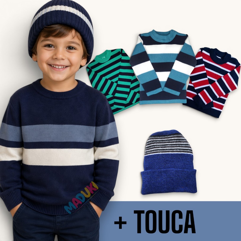 Kit 2 Blusas de Lã + Touca Infantil  Menino Inverno