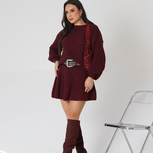 Conjunto em Tricot Feminino Saia Godê e Blusa Manga Bufante Moda Blogueira Gringa Tendência Inverno