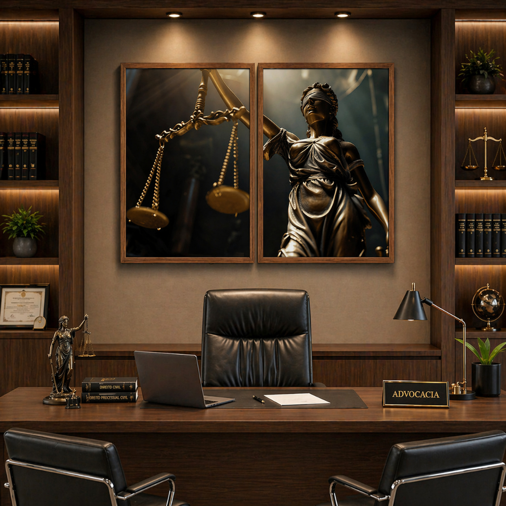Quadro Decorativo Justiça Balança e Deusa 2 Telas com Moldura 50x75cm ou 60x90cm Escritório