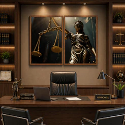 Quadro Decorativo Justiça Balança e Deusa 2 Telas com Moldura 50x75cm ou 60x90cm Escritório