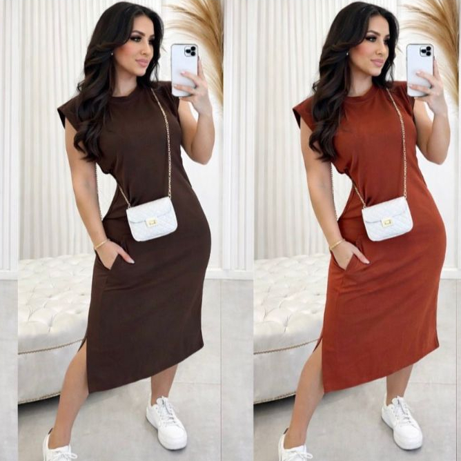 Vestido feminino Muscle Tee  Liso Longo  elegante Casual Vestido Soltinho Noite Festa