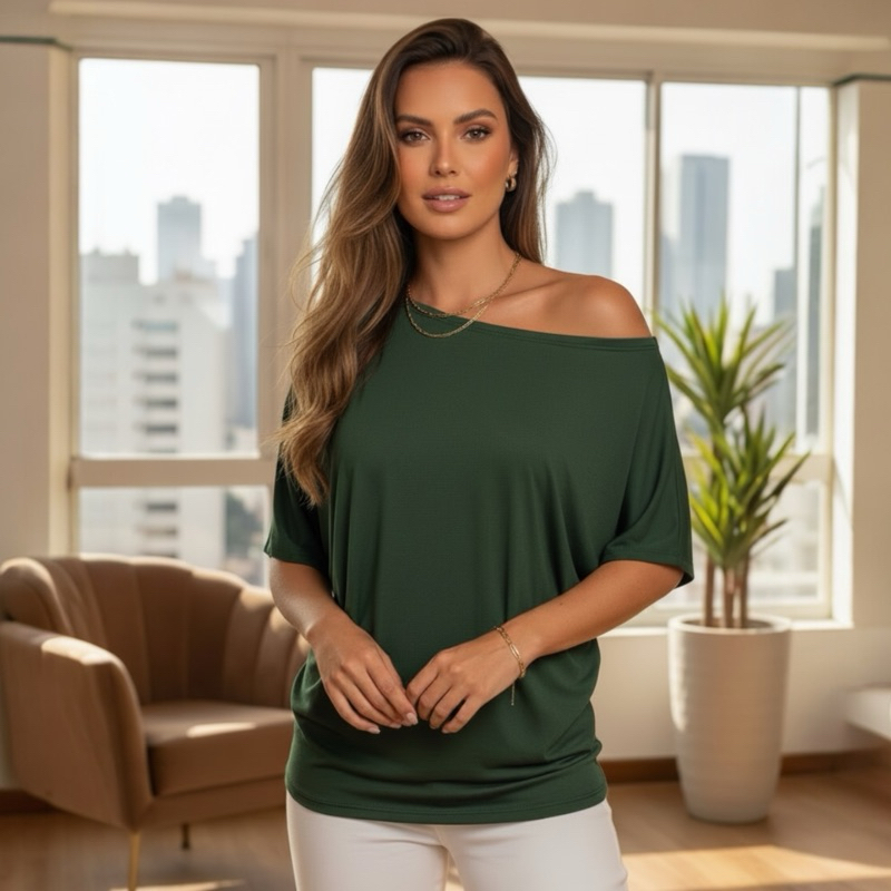 Blusa manga curta ampla soltinha confortável ombro a ombro feminina gola canoa várias cores tendência em Oferta na Shopee